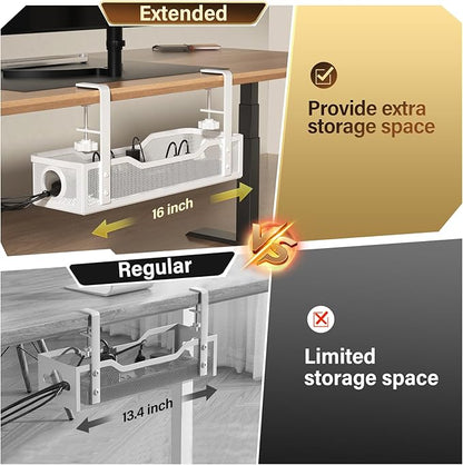 Under Desk Cable Management Large, Cinati 16" Cable Management Box for Table Thickness up to 3", Wire Cord Organizer with Clamp No Drill, No Damage to Desk (White) | Cable Raceways - TrueDesk