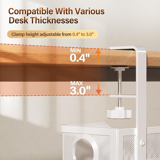 Under Desk Cable Management Large, Cinati 16" Cable Management Box for Table Thickness up to 3", Wire Cord Organizer with Clamp No Drill, No Damage to Desk (White) | Cable Raceways - TrueDesk