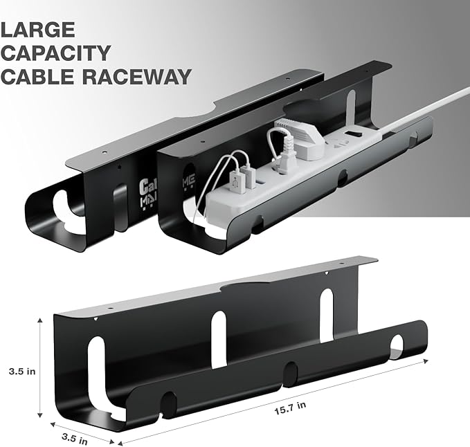 Under Desk Cable Management Tray, 2 Pack 16 Inch Black Metal Cord Organizer, No Drill Adhesive or Screw Mount for Glass/Marble/Office/Gaming Desk, Black | Cable Raceways - TrueDesk