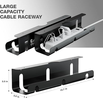 Under Desk Cable Management Tray, 2 Pack 16 Inch Black Metal Cord Organizer, No Drill Adhesive or Screw Mount for Glass/Marble/Office/Gaming Desk, Black | Cable Raceways - TrueDesk
