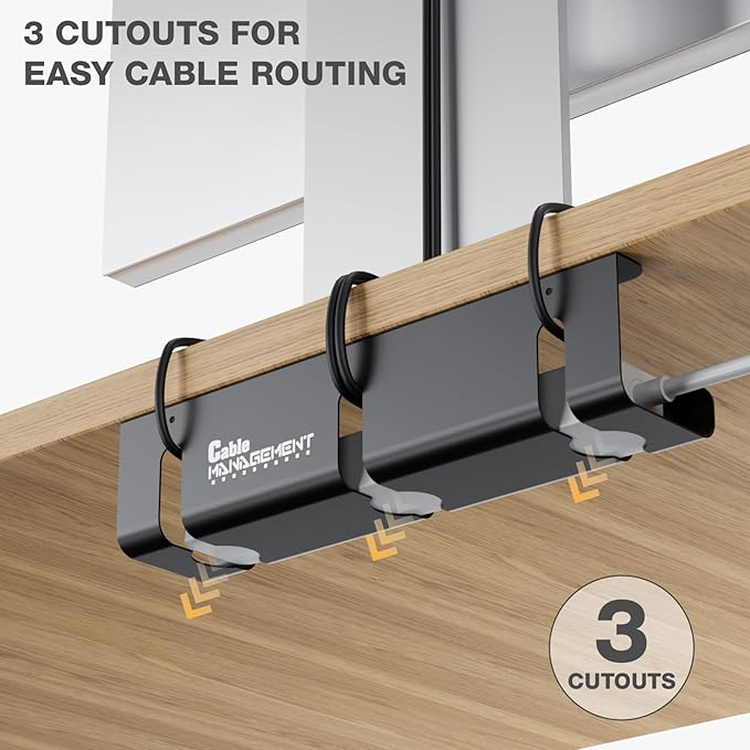 Under Desk Cable Management Tray, 2 Pack 16 Inch Black Metal Cord Organizer, No Drill Adhesive or Screw Mount for Glass/Marble/Office/Gaming Desk, Black | Cable Raceways - TrueDesk