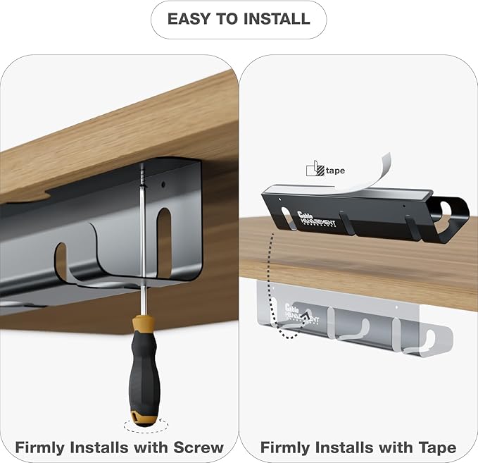 Under Desk Cable Management Tray, 2 Pack 16 Inch Black Metal Cord Organizer, No Drill Adhesive or Screw Mount for Glass/Marble/Office/Gaming Desk, Black | Cable Raceways - TrueDesk