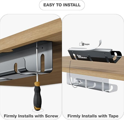 Under Desk Cable Management Tray, 2 Pack 16 Inch Black Metal Cord Organizer, No Drill Adhesive or Screw Mount for Glass/Marble/Office/Gaming Desk, Black | Cable Raceways - TrueDesk