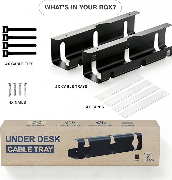 Under Desk Cable Management Tray, 2 Pack 16 Inch Black Metal Cord Organizer, No Drill Adhesive or Screw Mount for Glass/Marble/Office/Gaming Desk, Black | Cable Raceways - TrueDesk