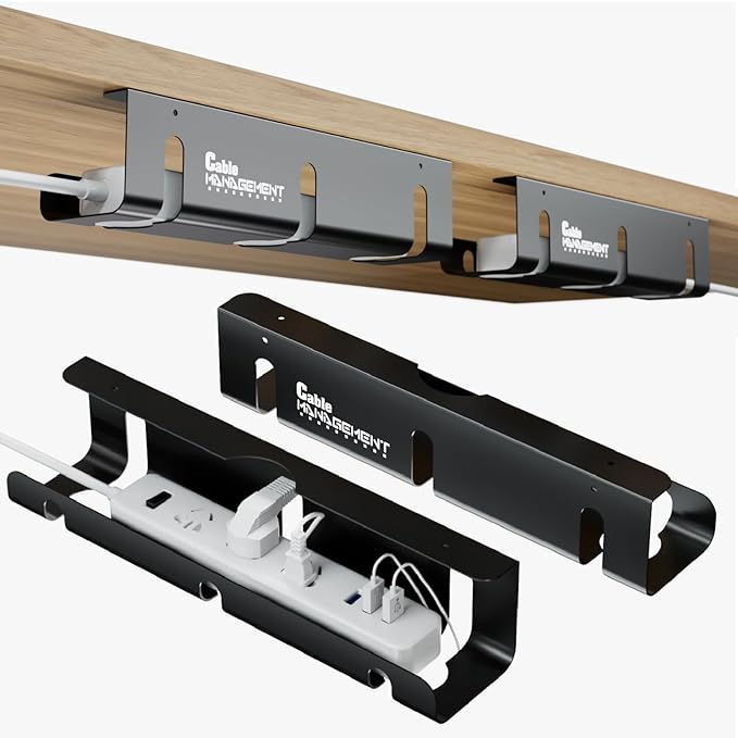Under Desk Cable Management Tray, 2 Pack 16 Inch Black Metal Cord Organizer, No Drill Adhesive or Screw Mount for Glass/Marble/Office/Gaming Desk, Black | Cable Raceways - TrueDesk