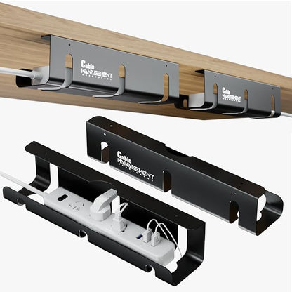 Under Desk Cable Management Tray, 2 Pack 16 Inch Black Metal Cord Organizer, No Drill Adhesive or Screw Mount for Glass/Marble/Office/Gaming Desk, Black | Cable Raceways - TrueDesk