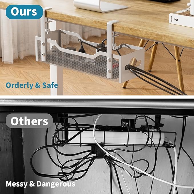 Under Desk Cable Management Tray 2 Pack, No Drill Cable Organizer With Clamp for Standing Desk, Easy to Install Cord Management System, No Damage Wire Organizer | Cable Raceways - TrueDesk