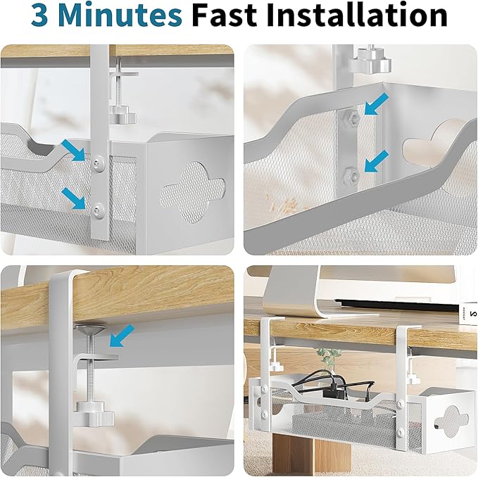 Under Desk Cable Management Tray 2 Pack, No Drill Cable Organizer With Clamp for Standing Desk, Easy to Install Cord Management System, No Damage Wire Organizer | Cable Raceways - TrueDesk