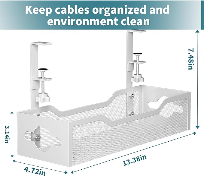 Under Desk Cable Management Tray 2 Pack, No Drill Cable Organizer With Clamp for Standing Desk, Easy to Install Cord Management System, No Damage Wire Organizer | Cable Raceways - TrueDesk
