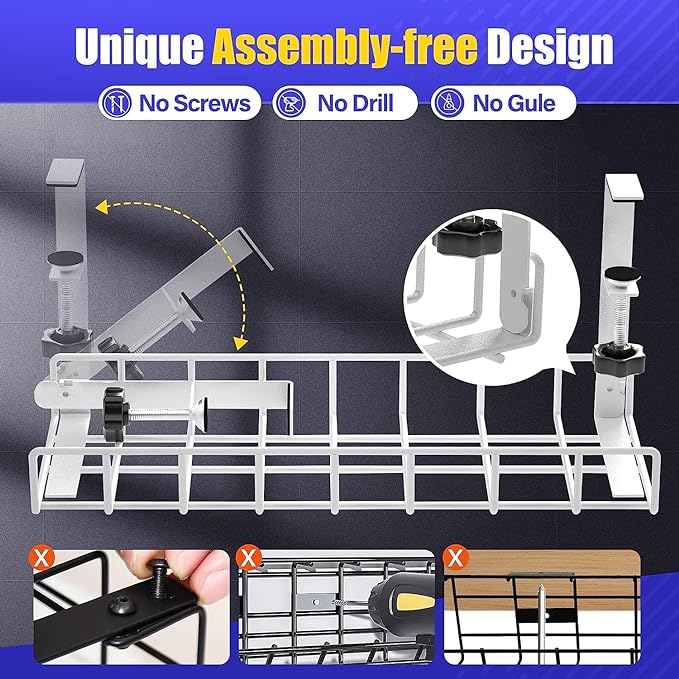 Under Desk Cable Management Tray 2 Pack, Xpatee Upgraded Wire Management No Drill No Screws, Cable Tray with Clamp for Wire Organizers, Computer Cord Rack for Office, Home - No Damage to Desk White | Racks Cabinets - TrueDesk