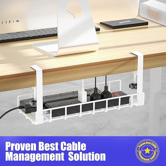 Under Desk Cable Management Tray 2 Pack, Xpatee Upgraded Wire Management No Drill No Screws, Cable Tray with Clamp for Wire Organizers, Computer Cord Rack for Office, Home - No Damage to Desk White | Racks Cabinets - TrueDesk
