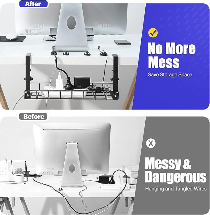 Under Desk Cable Management Tray 2 Pack, Xpatee Wire Management No Screws, Cable Tray with Clamp for Wire Management, Computer Code Rack for Office, Home - No Damage to Desk Black | Racks Cabinets - TrueDesk