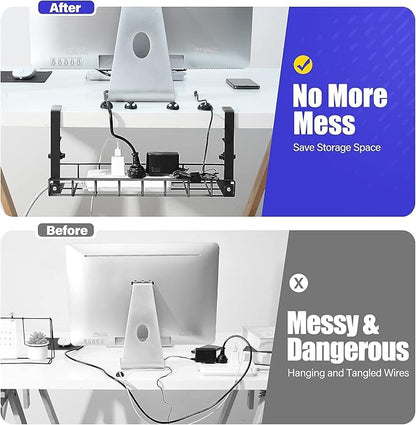 Under Desk Cable Management Tray 2 Pack, Xpatee Wire Management No Screws, Cable Tray with Clamp for Wire Management, Computer Code Rack for Office, Home - No Damage to Desk Black | Racks Cabinets - TrueDesk