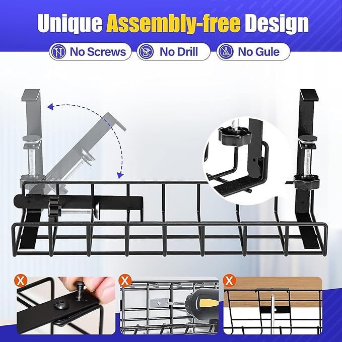Under Desk Cable Management Tray 2 Pack, Xpatee Wire Management No Screws, Cable Tray with Clamp for Wire Management, Computer Code Rack for Office, Home - No Damage to Desk Black | Racks Cabinets - TrueDesk