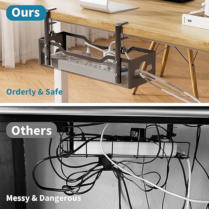 Under Desk Cable Management Tray 3 Pack, Cable Management Under Desk No Drill, Cable Organizer with Clamp for Wire Management, Cord Organizer for Office, Home - No Damage to Table (Black) | Cable Raceways - TrueDesk