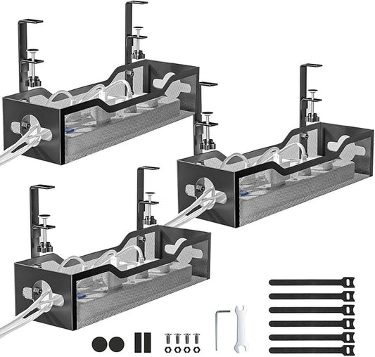 Under Desk Cable Management Tray 3 Pack, Cable Management Under Desk No Drill, Cable Organizer with Clamp for Wire Management, Cord Organizer for Office, Home - No Damage to Table (Black) | Cable Raceways - TrueDesk