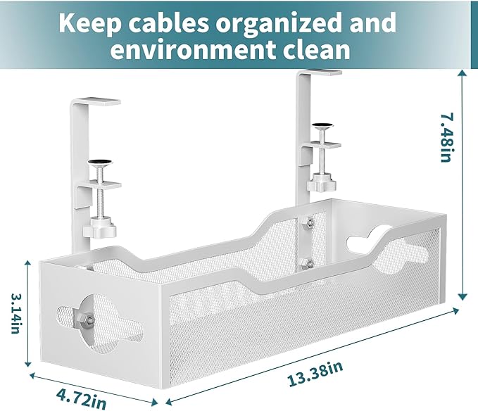 Under Desk Cable Management Tray 3 Pack, Cable Management Under Desk No Drill, Cable Organizer with Clamp for Wire Management, Cord Organizer for Office, Home - No Damage to Table (White) | Cable Raceways - TrueDesk