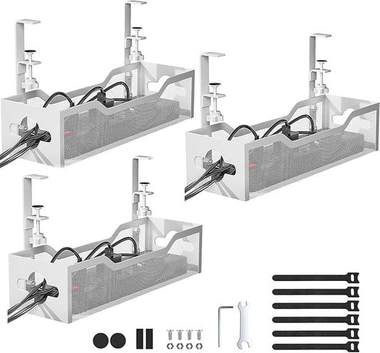 Under Desk Cable Management Tray 3 Pack, Cable Management Under Desk No Drill, Cable Organizer with Clamp for Wire Management, Cord Organizer for Office, Home - No Damage to Table (White) | Cable Raceways - TrueDesk