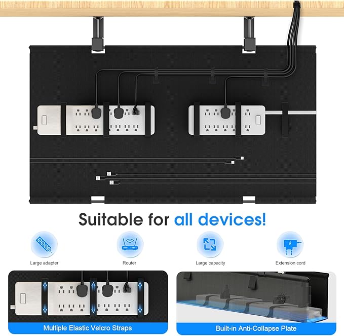 Under Desk Cable Management Tray, 30 - inch No - Drill Cord Organizer with Anti - Sag Reinforced Base, Fabric Wire Management Hider for Standing Desk, Office & Gaming Accessories - Black | Racks Cabinets - TrueDesk