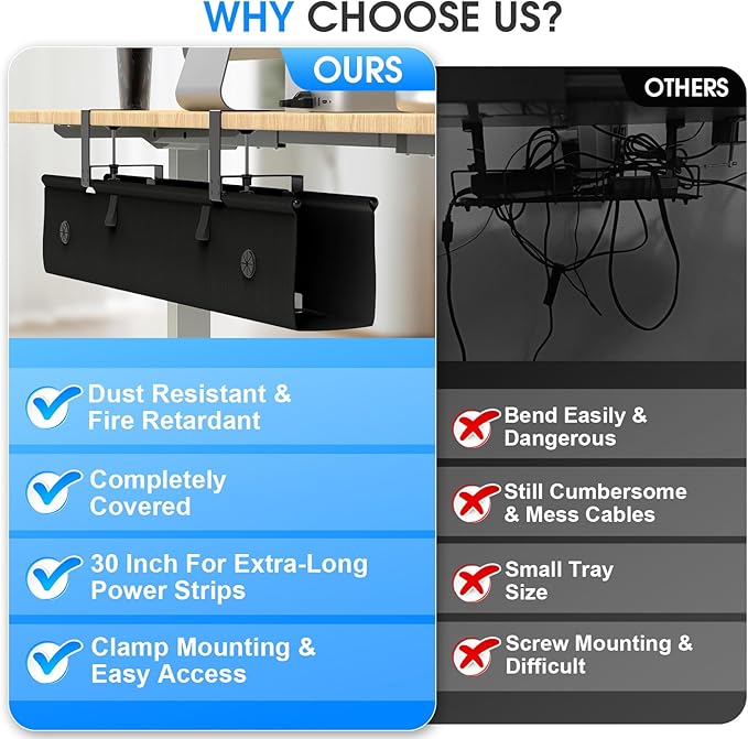 Under Desk Cable Management Tray, 30 - inch No - Drill Cord Organizer with Anti - Sag Reinforced Base, Fabric Wire Management Hider for Standing Desk, Office & Gaming Accessories - Black | Racks Cabinets - TrueDesk