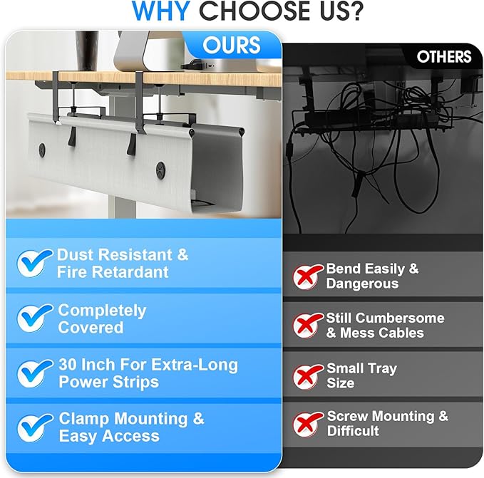 Under Desk Cable Management Tray, 30 - inch No - Drill Cord Organizer with Anti - Sag Reinforced Base, Fabric Wire Management Hider for Standing Desk, Office & Gaming Accessories - Grey | Racks Cabinets - TrueDesk
