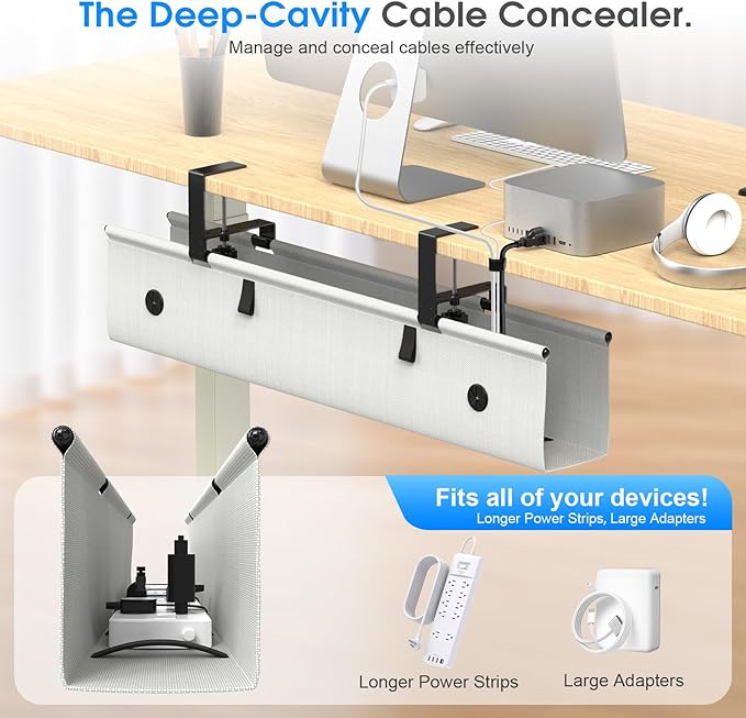 Under Desk Cable Management Tray, 30 - inch No - Drill Cord Organizer with Anti - Sag Reinforced Base, Fabric Wire Management Hider for Standing Desk, Office & Gaming Accessories - Grey | Racks Cabinets - TrueDesk