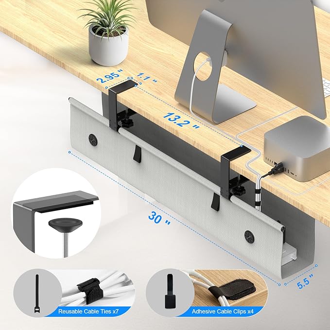 Under Desk Cable Management Tray, 30 - inch No - Drill Cord Organizer with Anti - Sag Reinforced Base, Fabric Wire Management Hider for Standing Desk, Office & Gaming Accessories - Grey | Racks Cabinets - TrueDesk