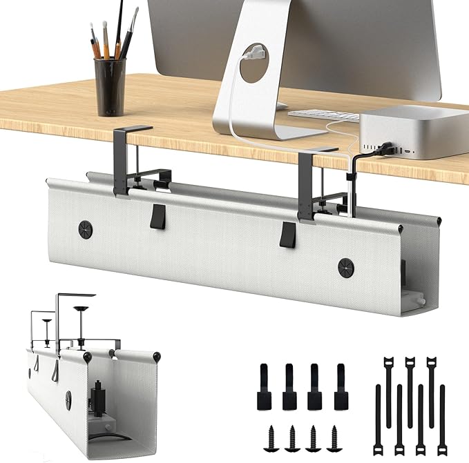 Under Desk Cable Management Tray, 30 - inch No - Drill Cord Organizer with Anti - Sag Reinforced Base, Fabric Wire Management Hider for Standing Desk, Office & Gaming Accessories - Grey | Racks Cabinets - TrueDesk