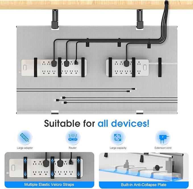 Under Desk Cable Management Tray, 30 - inch No - Drill Cord Organizer with Anti - Sag Reinforced Base, Fabric Wire Management Hider for Standing Desk, Office & Gaming Accessories - Grey | Racks Cabinets - TrueDesk