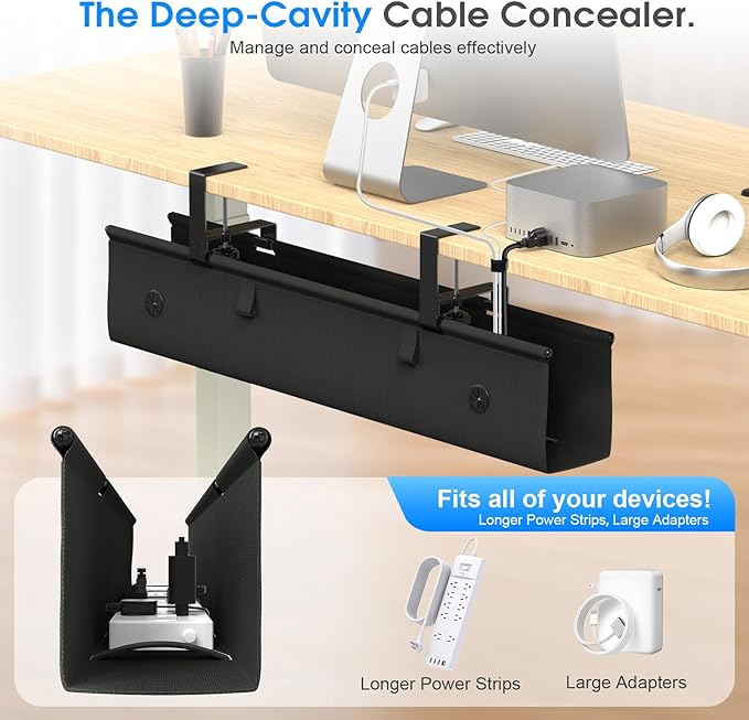 Under Desk Cable Management Tray, 30 - inch No - Drill Cord Organizer with Anti - Sag Reinforced Base, Fabric Wire Management Hider for Standing Desk, Office & Gaming Accessories - Black | Racks Cabinets - TrueDesk