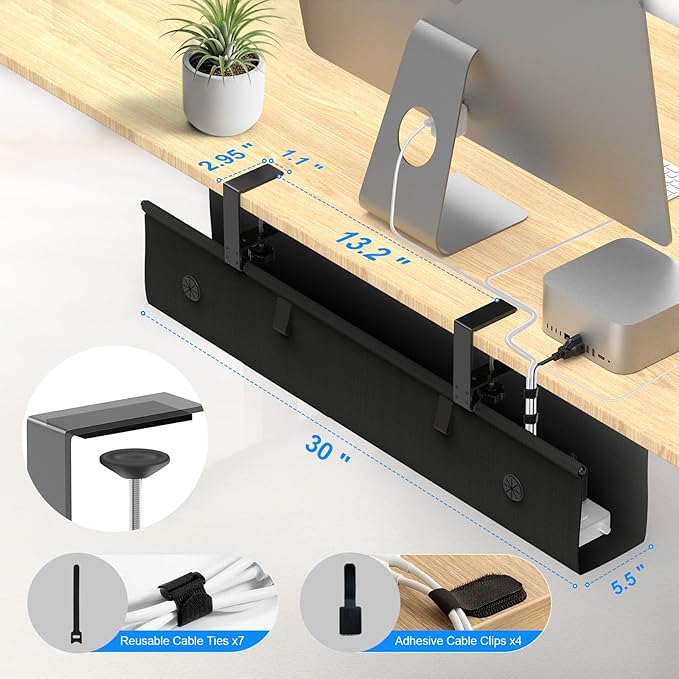 Under Desk Cable Management Tray, 30 - inch No - Drill Cord Organizer with Anti - Sag Reinforced Base, Fabric Wire Management Hider for Standing Desk, Office & Gaming Accessories - Black | Racks Cabinets - TrueDesk