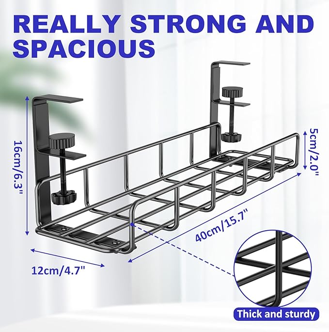 Under Desk Cable Management Tray, 31.5'' No Drill Heavy Duty Steel Cable Tray Organizers, Wire Management Tray Cable Rack with Clamp Mount, Adjustable Metal Under Desk Tray (Black, 2 Pack) | Racks Cabinets - TrueDesk