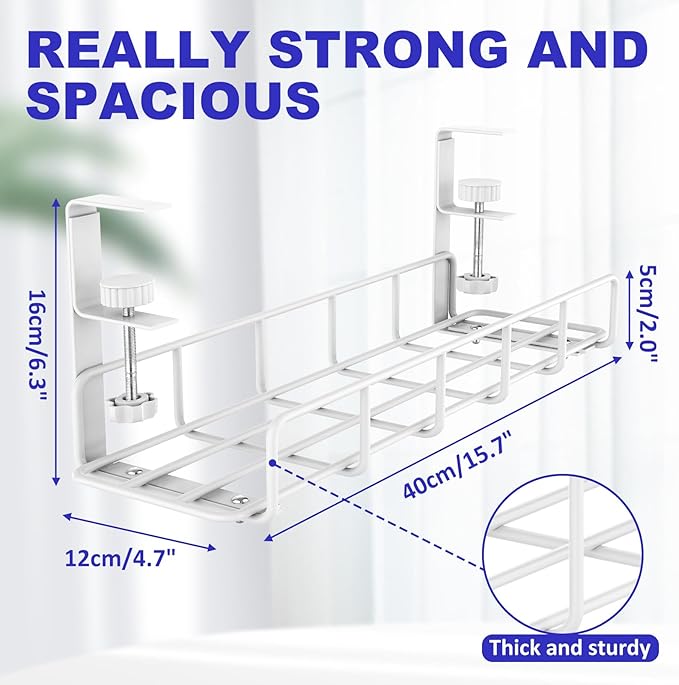 Under Desk Cable Management Tray, 31.5'' No Drill Heavy Duty Steel Cable Tray Organizers, Wire Management Tray Cable Rack with Clamp Mount, Adjustable Metal Under Desk Tray (White, 2 Pack) | Racks Cabinets - TrueDesk