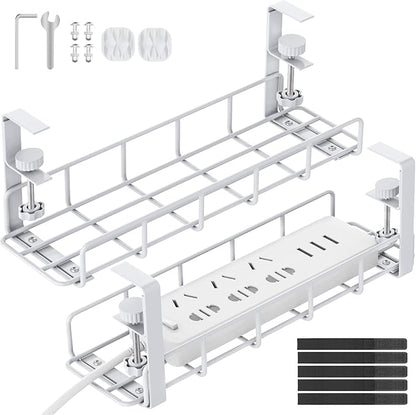 Under Desk Cable Management Tray, 31.5'' No Drill Heavy Duty Steel Cable Tray Organizers, Wire Management Tray Cable Rack with Clamp Mount, Adjustable Metal Under Desk Tray (White, 2 Pack) | Racks Cabinets - TrueDesk