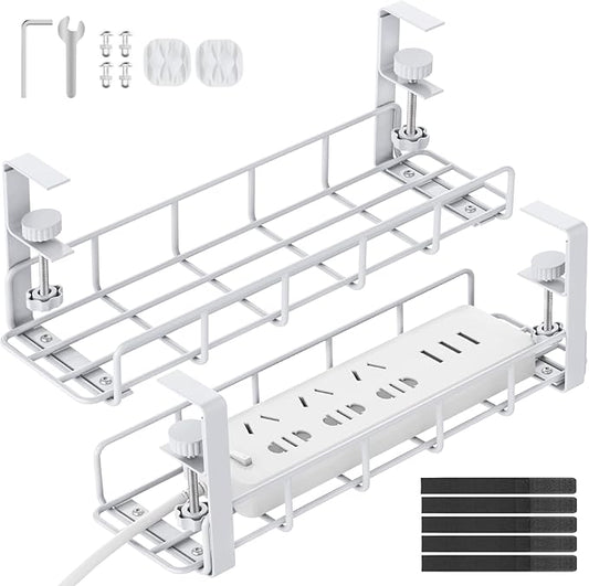 Under Desk Cable Management Tray, 31.5'' No Drill Heavy Duty Steel Cable Tray Organizers, Wire Management Tray Cable Rack with Clamp Mount, Adjustable Metal Under Desk Tray (White, 2 Pack) | Racks Cabinets - TrueDesk