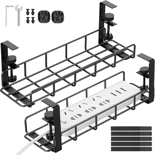Under Desk Cable Management Tray, 31.5'' No Drill Heavy Duty Steel Cable Tray Organizers, Wire Management Tray Cable Rack with Clamp Mount, Adjustable Metal Under Desk Tray (Black, 2 Pack) | Racks Cabinets - TrueDesk