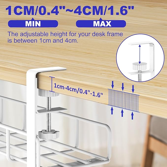 Under Desk Cable Management Tray, 31.5'' No Drill Heavy Duty Steel Cable Tray Organizers, Wire Management Tray Cable Rack with Clamp Mount, Adjustable Metal Under Desk Tray (White, 2 Pack) | Racks Cabinets - TrueDesk