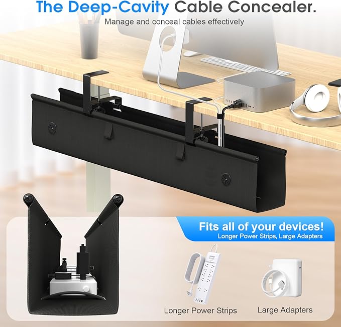 Under Desk Cable Management Tray, 40 - inch No - Drill Cord Organizer with Anti - Sag Reinforced Base, Fabric Wire Management Hider for Standing Desk, Office & Gaming Accessories - Black | Racks Cabinets - TrueDesk