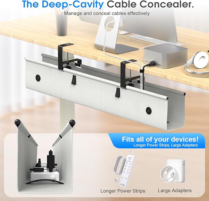 Under Desk Cable Management Tray, 40 - inch No - Drill Cord Organizer with Anti - Sag Reinforced Base, Fabric Wire Management Hider for Standing Desk, Office & Gaming Accessories - Grey | Racks Cabinets - TrueDesk