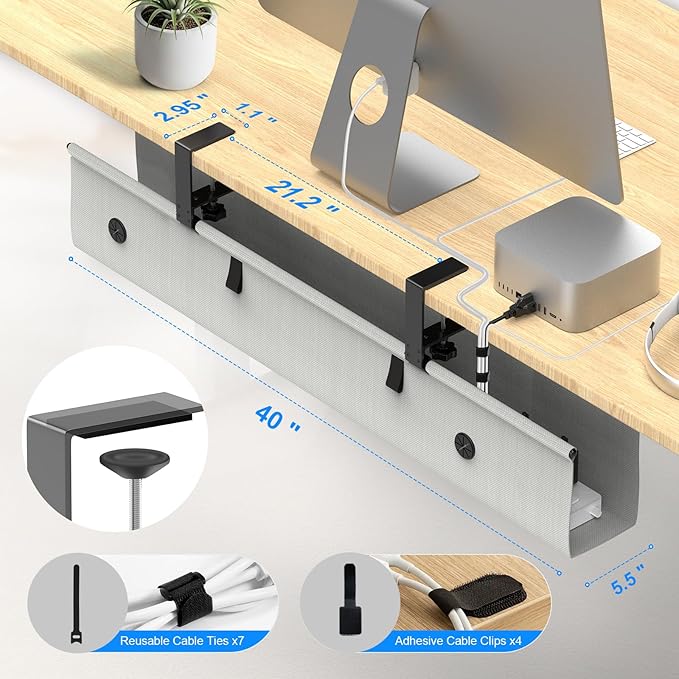 Under Desk Cable Management Tray, 40 - inch No - Drill Cord Organizer with Anti - Sag Reinforced Base, Fabric Wire Management Hider for Standing Desk, Office & Gaming Accessories - Grey | Racks Cabinets - TrueDesk