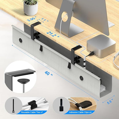 Under Desk Cable Management Tray, 40 - inch No - Drill Cord Organizer with Anti - Sag Reinforced Base, Fabric Wire Management Hider for Standing Desk, Office & Gaming Accessories - Grey | Racks Cabinets - TrueDesk