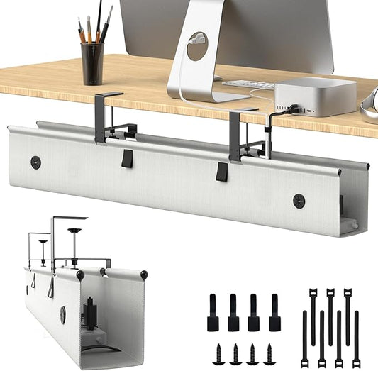 Under Desk Cable Management Tray, 40 - inch No - Drill Cord Organizer with Anti - Sag Reinforced Base, Fabric Wire Management Hider for Standing Desk, Office & Gaming Accessories - Grey | Racks Cabinets - TrueDesk