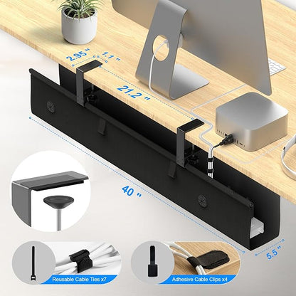 Under Desk Cable Management Tray, 40 - inch No - Drill Cord Organizer with Anti - Sag Reinforced Base, Fabric Wire Management Hider for Standing Desk, Office & Gaming Accessories - Black | Racks Cabinets - TrueDesk