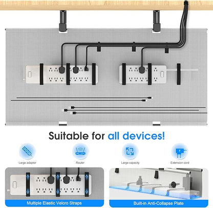 Under Desk Cable Management Tray, 40 - inch No - Drill Cord Organizer with Anti - Sag Reinforced Base, Fabric Wire Management Hider for Standing Desk, Office & Gaming Accessories - Grey | Racks Cabinets - TrueDesk