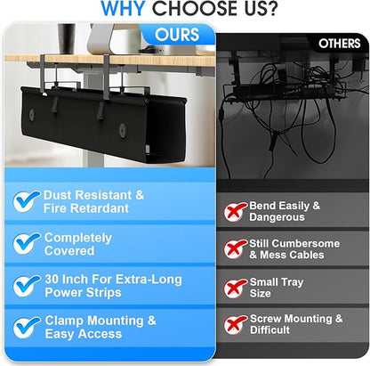 Under Desk Cable Management Tray, 40 - inch No - Drill Cord Organizer with Anti - Sag Reinforced Base, Fabric Wire Management Hider for Standing Desk, Office & Gaming Accessories - Black | Racks Cabinets - TrueDesk
