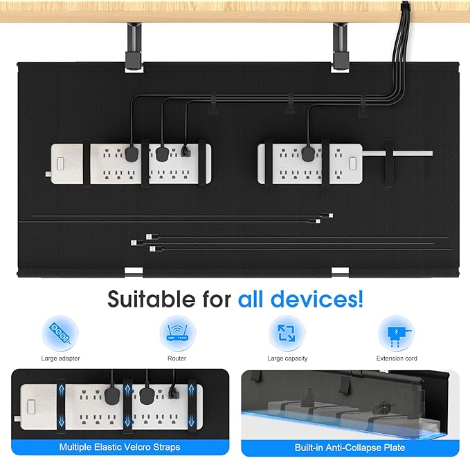 Under Desk Cable Management Tray, 40 - inch No - Drill Cord Organizer with Anti - Sag Reinforced Base, Fabric Wire Management Hider for Standing Desk, Office & Gaming Accessories - Black | Racks Cabinets - TrueDesk