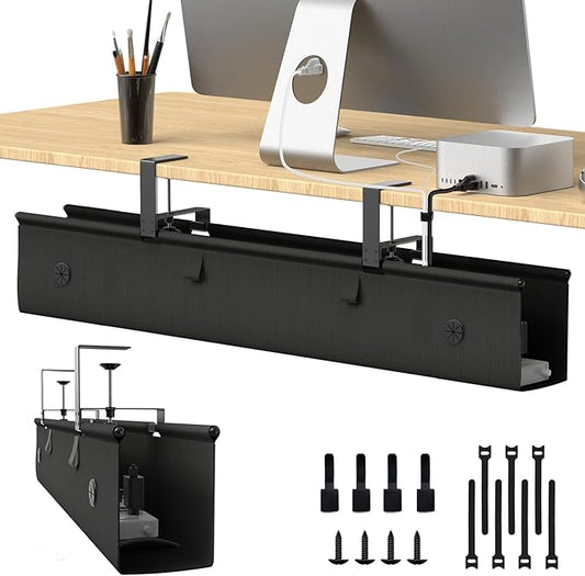 Under Desk Cable Management Tray, 40 - inch No - Drill Cord Organizer with Anti - Sag Reinforced Base, Fabric Wire Management Hider for Standing Desk, Office & Gaming Accessories - Black | Racks Cabinets - TrueDesk