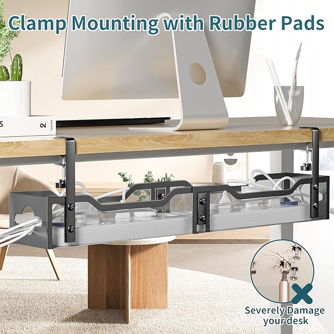 Under Desk Cable Management Tray Black, Litwaro Cable Management Under Desk No Drill, 25'' Cable Tray with Clamp for Wire Management, Cord Organizer for Office, Home - No Damage to Table | Cable Raceways - TrueDesk