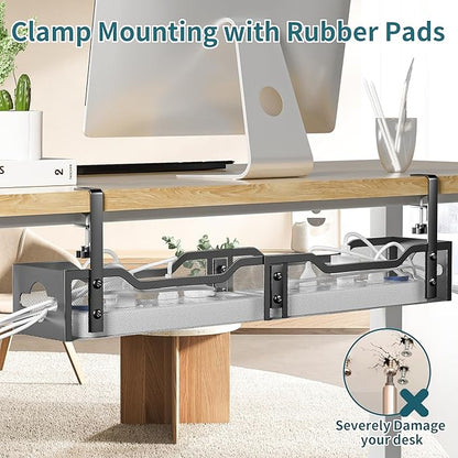 Under Desk Cable Management Tray Black, Litwaro Cable Management Under Desk No Drill, 25'' Cable Tray with Clamp for Wire Management, Cord Organizer for Office, Home - No Damage to Table | Cable Raceways - TrueDesk