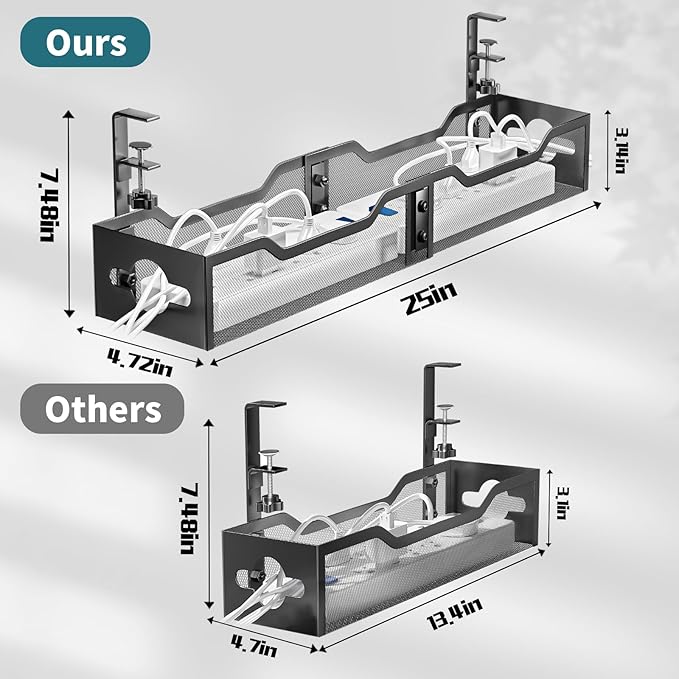 Under Desk Cable Management Tray Black, Litwaro Cable Management Under Desk No Drill, 25'' Cable Tray with Clamp for Wire Management, Cord Organizer for Office, Home - No Damage to Table | Cable Raceways - TrueDesk